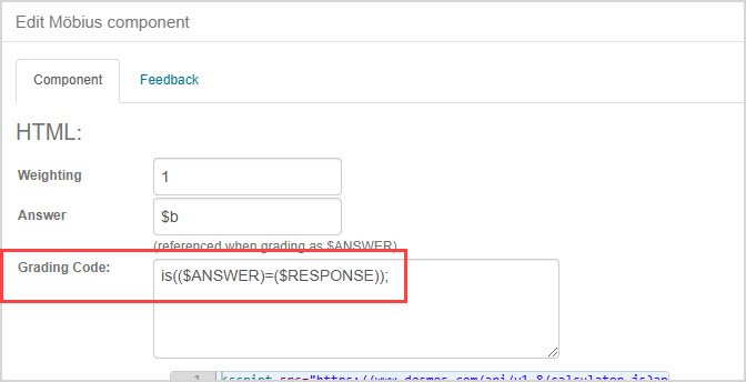 The Grading Code field is highlighted, with the desired grading code written below, in the HTML component.